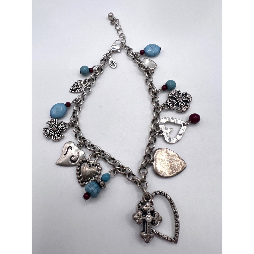 Premier Designs Silver Tone Charm Bracelet Hearts‎ Cross Turquoise 7.5–9"
